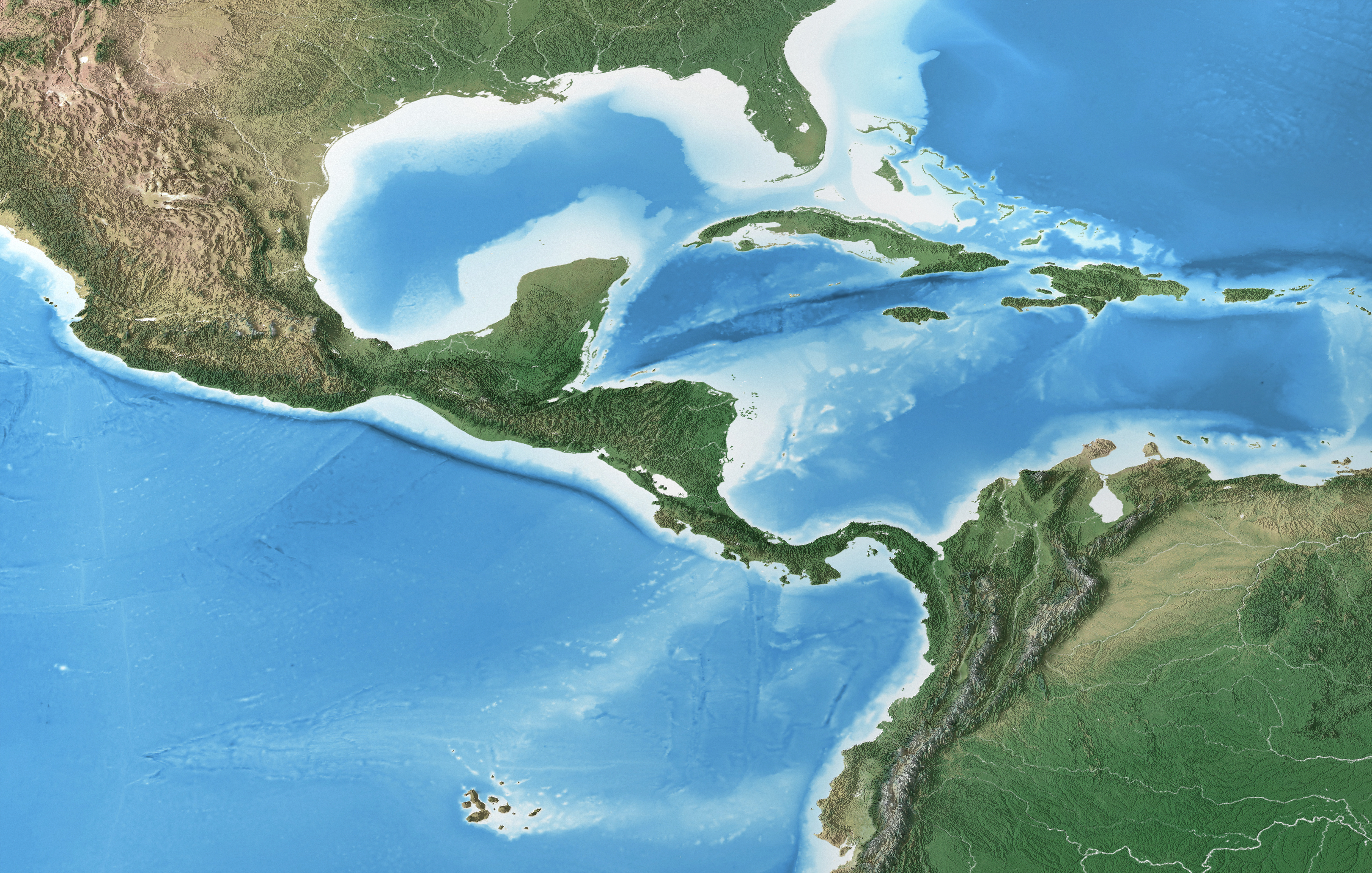 Physical map of Central America and Caribbean. Flattened satellite view of Planet Earth and its topography.jpeg
